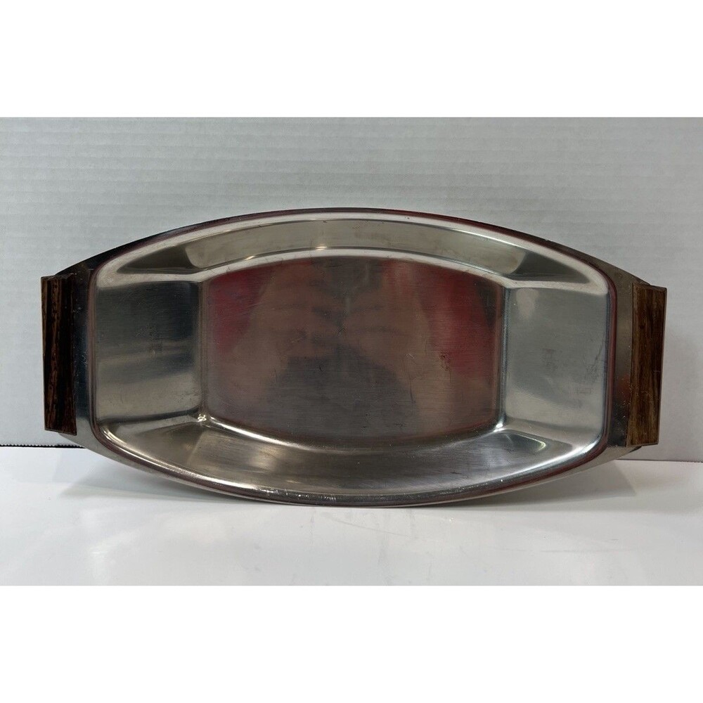 Vintage Stainless 18-8 Japan Serving Tray with Wood Handles Oblong 12.5" Long
